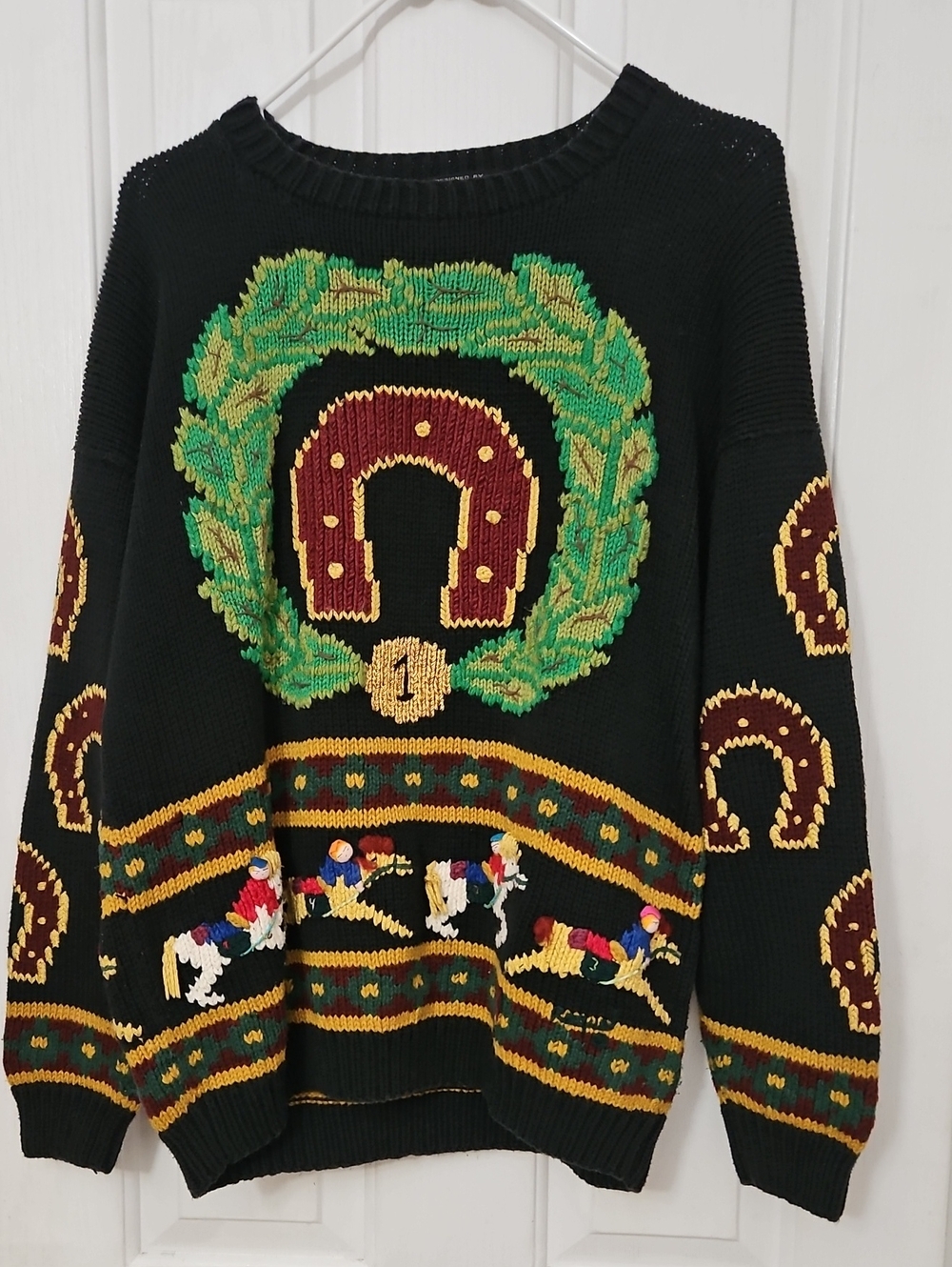 Vtg Raquel Black Equestrian Handmade 100% Cotton Embroirered Sweater Sz M